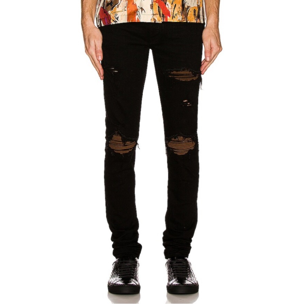 AMIRI MX1 Black Skinny-Fit Tan Ultra Suede Panelled Distressed Jeans Size 40